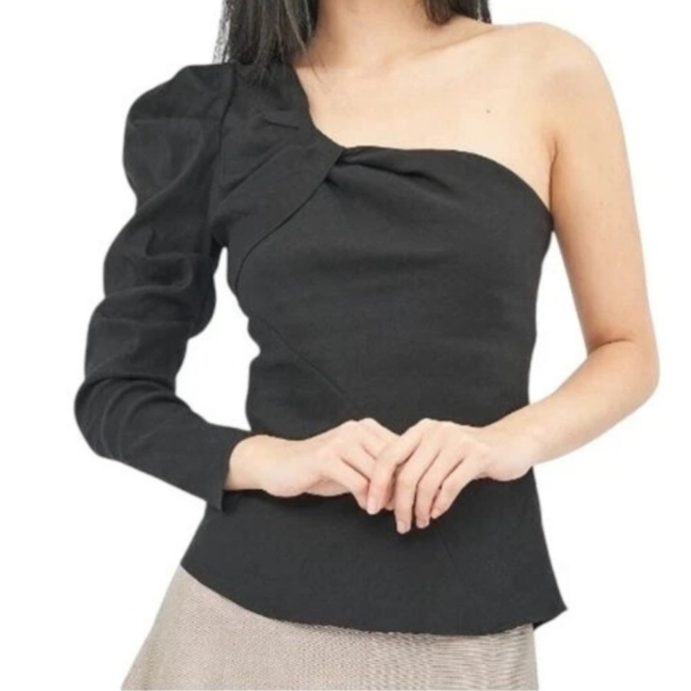 ZARA One Shoulder Black Top Blouse Asymmetrical Long Sleeve Size M